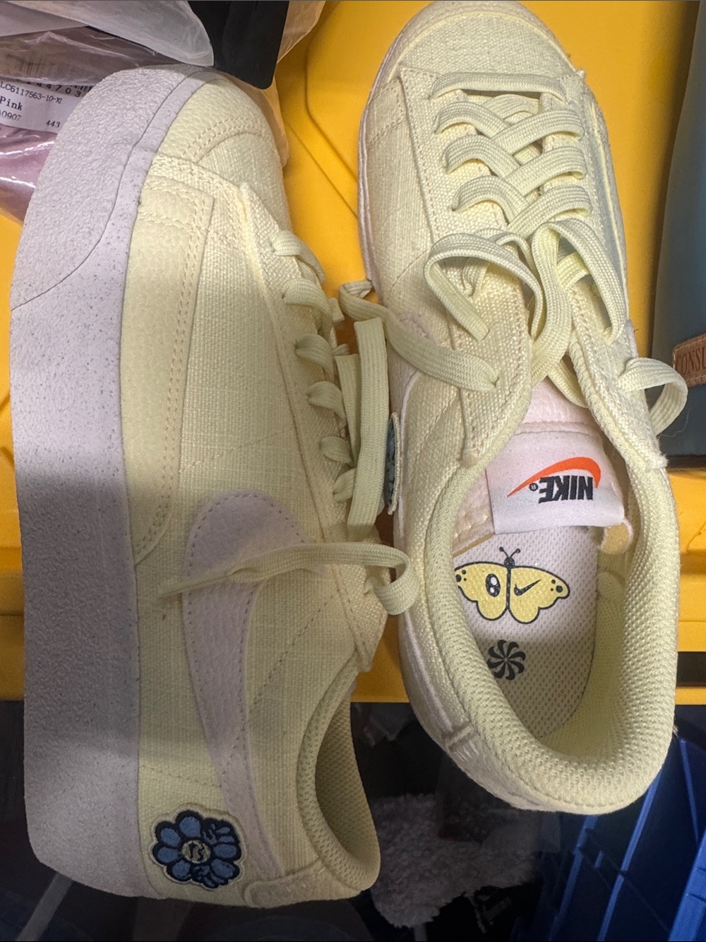 Nike Pale Yellow Canvas Platform Sneakers with Blue Flower Patch